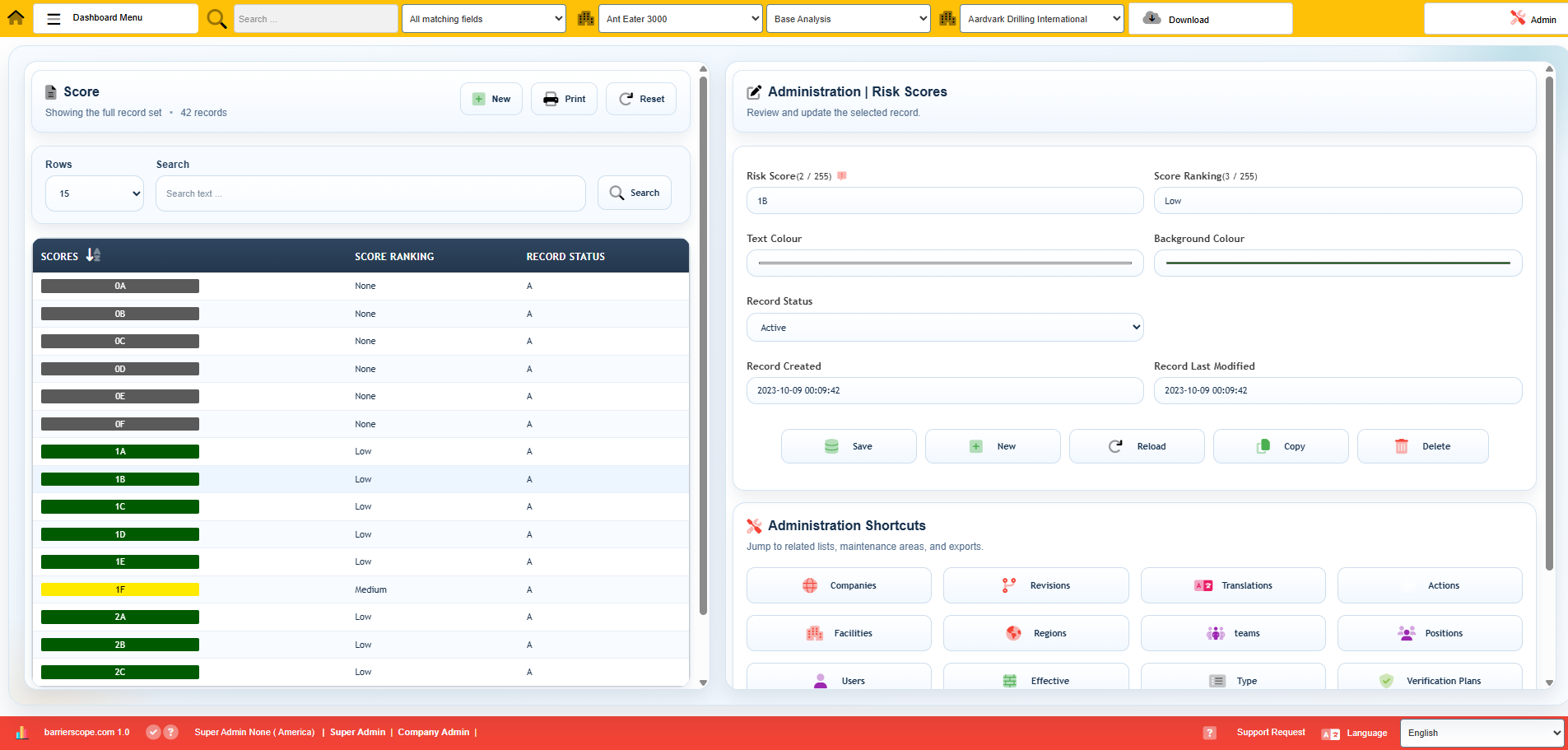 BarrierScope risk scoring matrix and administration screen